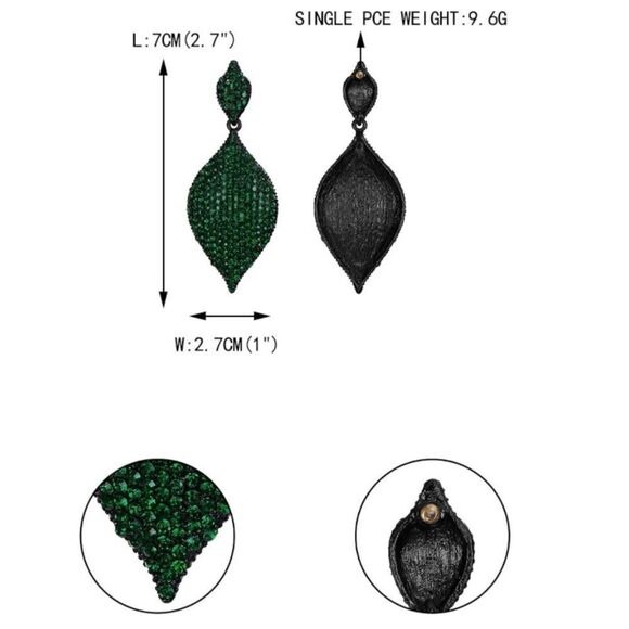 Carbon Black with Emerald Austrian Crystal Rhombus Leaf Chandelier Post Earrings